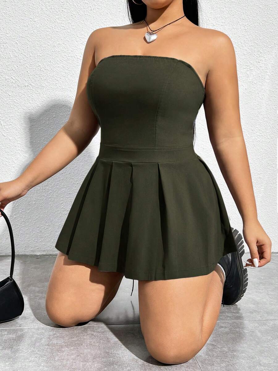 CovetEZ 女士純色簡約無肩帶大碼連衣裙 - 橄欖綠 - 查看 1