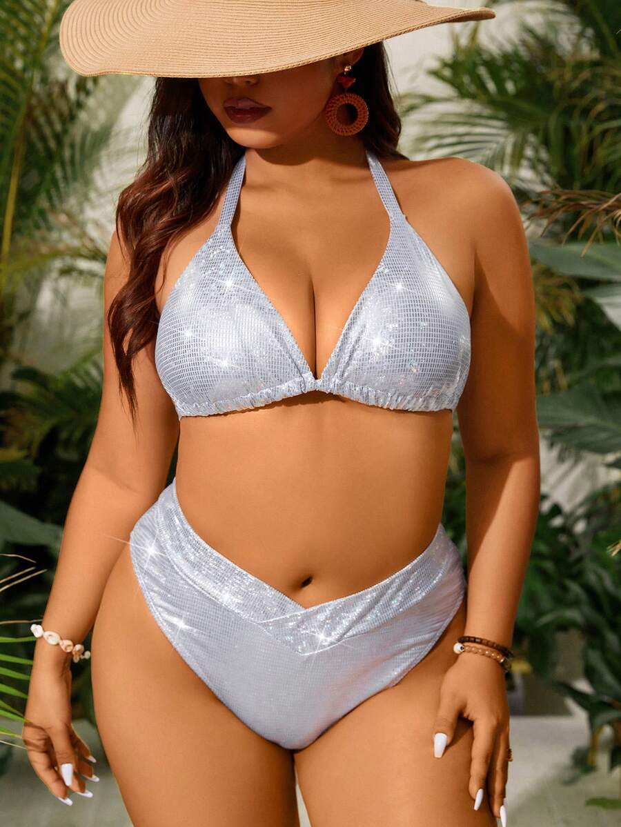 SHEIN Swim Curve Bộ bikini dây buộc hở lưng màu bạc đi biển mùa hè Plus Size - Bạc - Xem 1