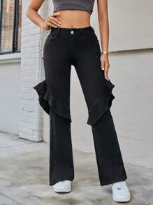 SHEIN Essnce Ladies Stretchy High-Rise Flared Jeans With Fringe Hem - Black - View 4