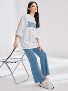 Mulvari Women's Letter Printed Round Neck T-Shirt And Pants Set 2 Pieces Set - Blue - View 4