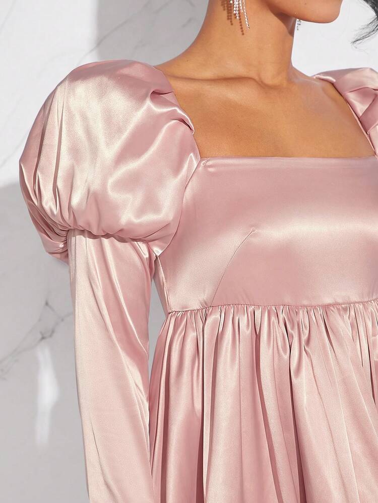 Gigot Sleeve Bubble Hem Satin Dress