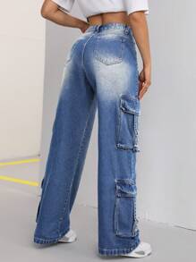 SHEIN EZwear Damen Arbeitsjeans mit Taschen und modischem Schnitt - Dunkle Waschung - Übersicht 2