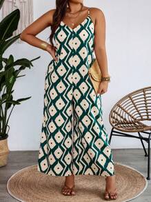 Breezaya Mono de tirantes de espagueti con estampado aleatorio de talla grande estilo vacacional para primavera/verano - Verde - Ver 4