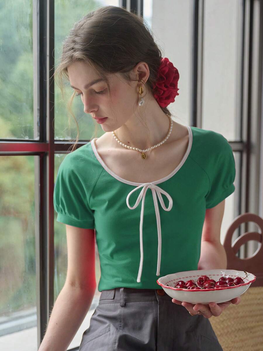 Simple Retro Áo thun dệt kim tay ngắn cổ tròn có dây rút màu tương phản dành cho nữ, Xuân/Hè - màu xanh lá - Xem 1