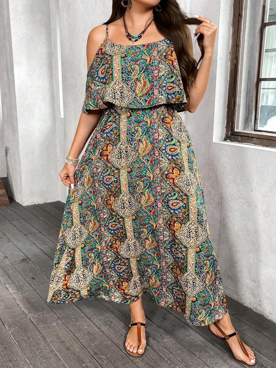 SHEIN LUNE 大尺碼女士裙子，荷葉邊派對印花裙，夏季穿著 - 彩色 - 查看 1