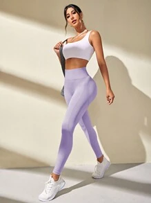 Easithlete Quần legging thể thao đơn sắc không đường may cho nữ, quần tập yoga - Màu tím hoa cà - Xem 6