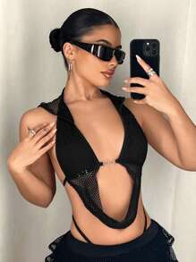 SHEIN ICON Y2k Summer Spring Outfits Hooded Streetwear Black Short Mesh Tank Top With Metal Applique Detail