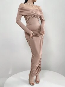Modelyn Vestido de ajustado con hombros descubiertos de twist de punto acanalado de unicolor elegante para mujeres