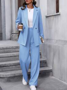 Calvaya Women Solid Color Lapel Collar Double Breasted Suit Set Fall Cloth For Women