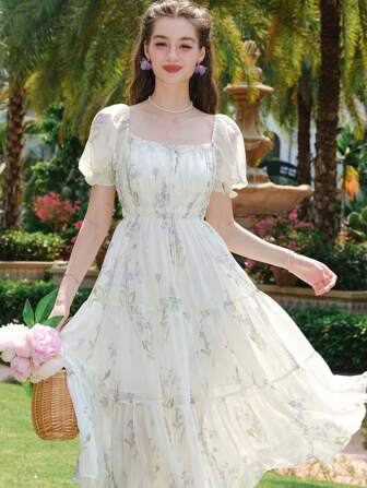 Long Ditsy Floral Square Neck Ruffle Hem Casual Dress