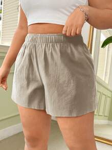 SHEIN EZwear Pantalones cortos de lino de cintura elástica de unicolor y talla grande