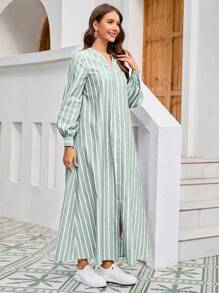 Mulvari Women Notch Neck Striped Print Casual Arabic Style Dress For Daily Wear