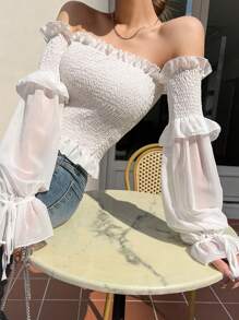 DAZY Blusa da donna con spalle scoperte e maniche lunghe, adatta per l'abbigliamento quotidiano e le vacanze primaverili/estive - Bianco - Visualizzare 3