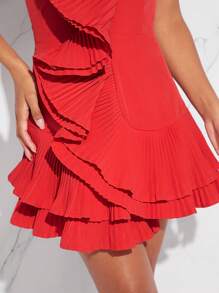 L'Amorae Fall Women Clothes, Red Elegant Exaggerated Ruffle One Shoulder Sleeveless Mini Dress, Formal Dress, Date Night, Concerts, Performances, Music Festivals, Party