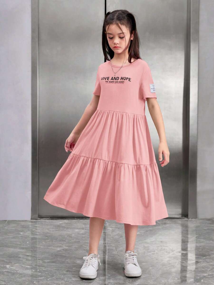 Robe à col rond décontractée à manches courtes et ample pour fille avec motif de lettre - Rose pâle - Voir 1
