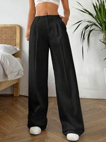 SHEIN EZwear Pantalones casuales de pierna ancha y ajuste holgado con pliegues y bolsillos oblicuos, de unicolor