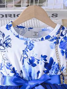 SHEIN Glamorique Kids Young Girl Elegant Flutter Sleeve Floral Print Dress With Belted Suitable For Vacation, Summer - Royal Blue - View 4