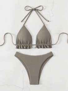 SHEIN Swim 夏季海滩吊带无钢圈三角文胸和泳裤分体泳装比基尼套装 BaLightweightg 套装 - 卡其色 - 查看 5
