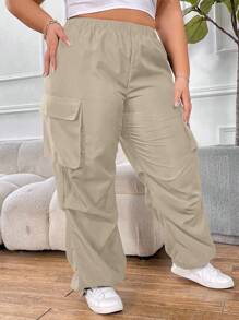 SHEIN CURVE+ Plus Size Women Solid Color Elastic Waist Cargo Pocketed Casual Loose Fit Long Pants