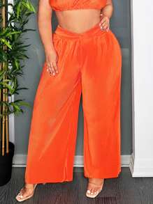 SHEIN SXY Plus Size Kỳ nghỉ Quần cạp cao xếp ly xoắn nút ống rộng - trái cam - Xem 1