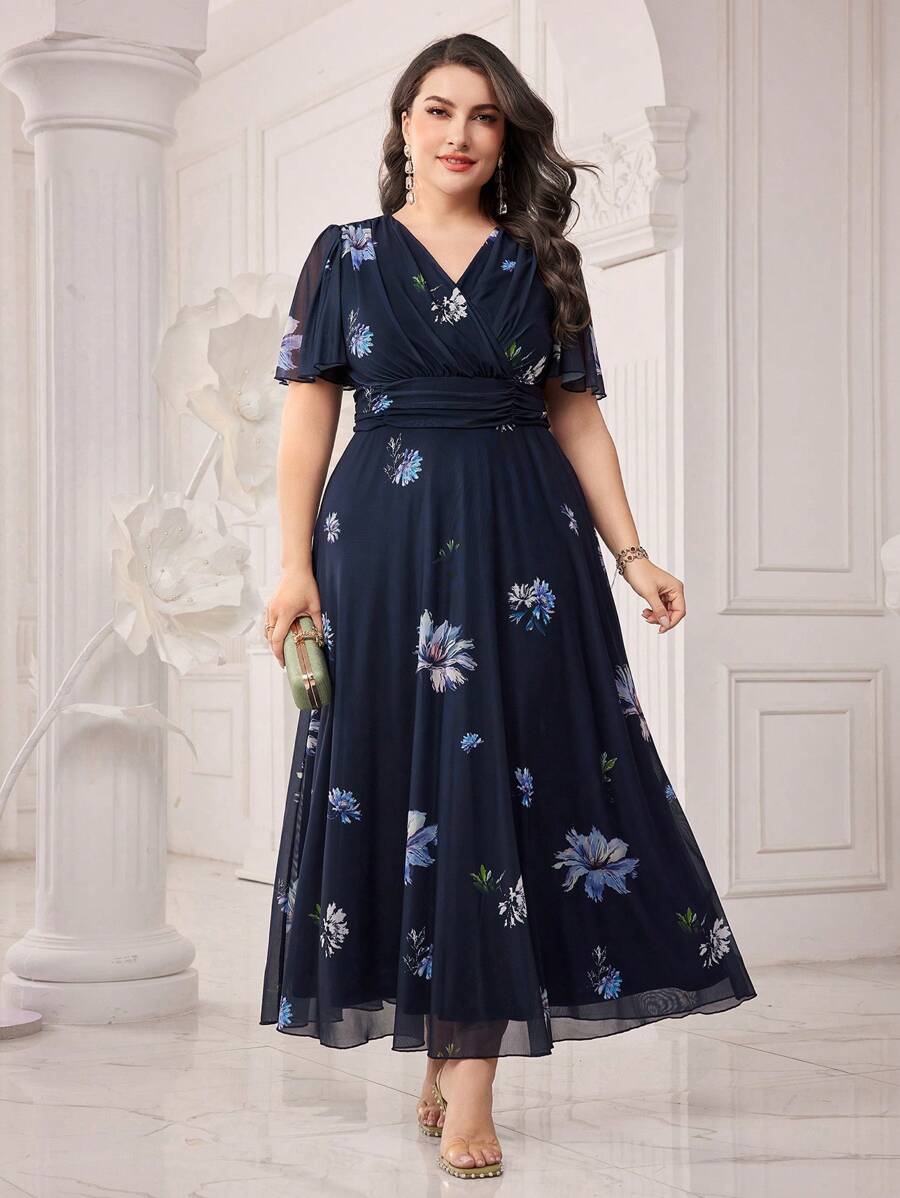 Modelyn Plus Size Spring/Summer Floral Print Belted Midi Dress,Elegant Evening Party Dress Long Evening Dresses
