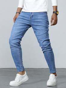 Manfinity Homme Jeans de mezclilla de lavado de agua con unicolor para hombre, ajustados y largos, estilo básico para trabajar en color azul cielo, ideal para el esposo - Lavado ligero - Ver 6