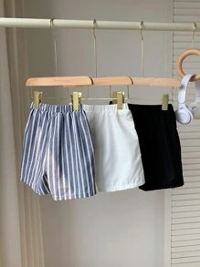 SHEIN 3 Stücke/set Junge Jungen Lässig Sportlicher Streetstyle Süße Ferien Weiße Bequeme Shorts, Gestreifte Shorts Und Schwarze Shorts, Geeignet Für Den Täglichen Gebrauch, Schulen, Reisen, Sport Im Frühling Und Sommer