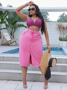 SHEIN SXY Váy denim cỡ lớn dành cho nữ Váy màu hồng/màu đào Quần áo chủ đề âm nhạc/Rừng rậm/Nông thôn dành cho giáo viên và mẹ/con gái, trang phục thường ngày, xẻ tà dài ở giữa, có áo crop top in họa tiết da báo, mùa hè - Hồng - Xem 5