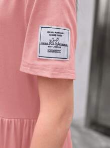 Robe à col rond décontractée à manches courtes et ample pour fille avec motif de lettre - Rose pâle - Voir 4