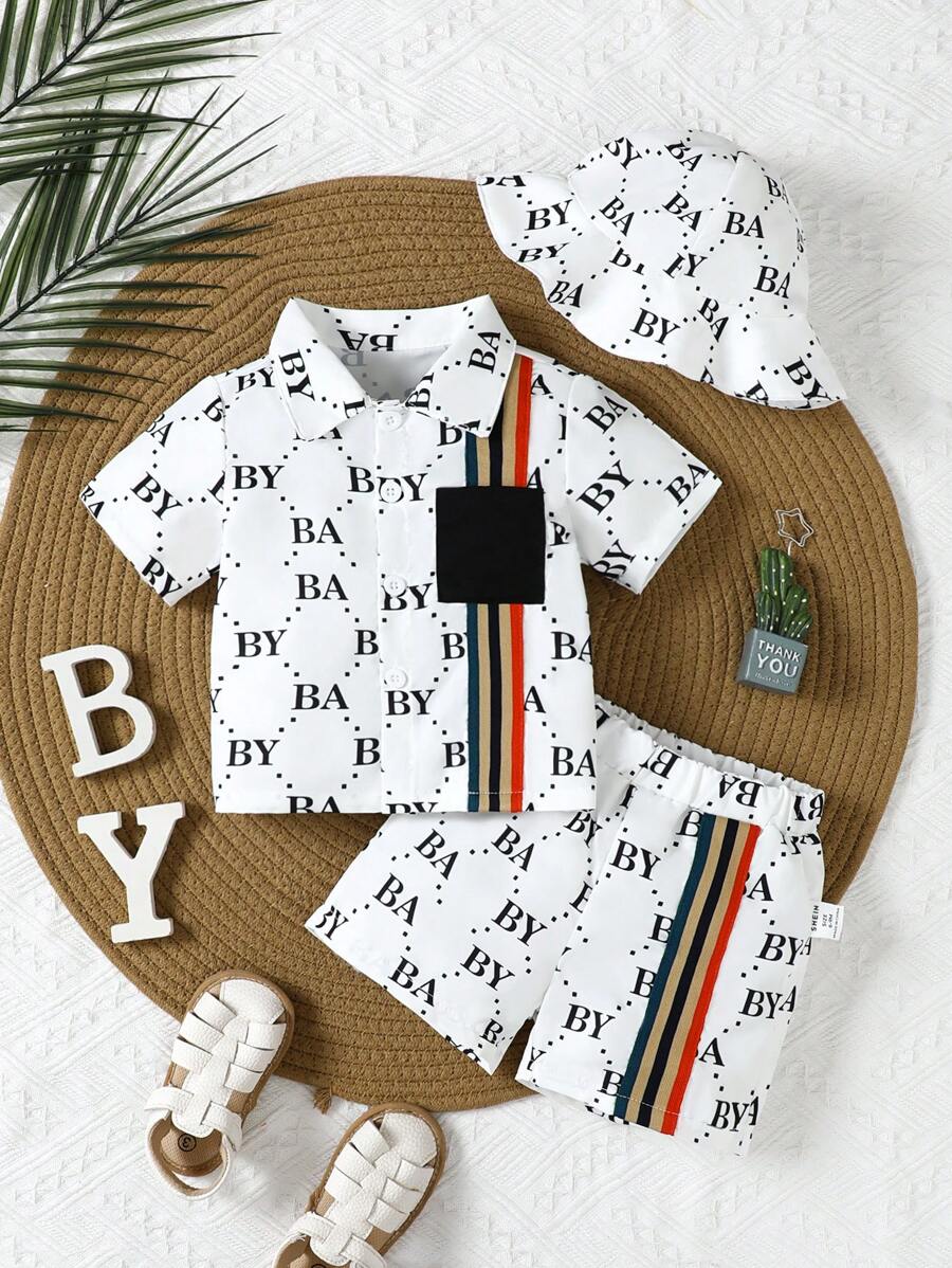 3pcs/Set Baby Boys' Casual Short Sleeve T-Shirt And Shorts With Letter Print, Spring - White - View 1