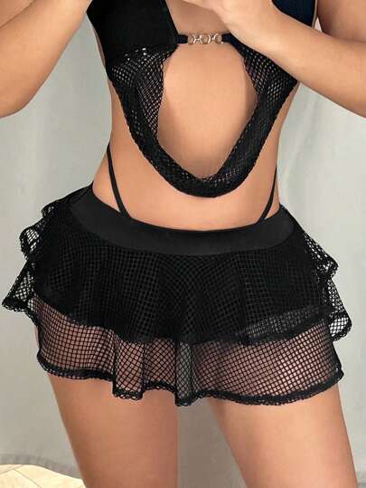 SHEIN ICON Ultra Low Waist Fishnet Swing Skirt
