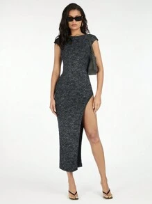 SHEIN BAE Vestido de unicolor con diseño teñido y estampado de copos de nieve desgastados sin respaldo, sexy con abertura alta. Adecuado para verano, citas, fiestas de festivales y atuendos diarios.