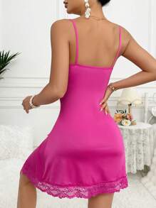 女士蕾丝拼接蝴蝶结时尚分体睡衣睡裙/睡衣 - 玫紅色 - 查看 2