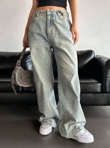 DAZY Quần Jeans Ống Loe Cạp Cao Cho Nữ Có Khóa Kéo, Quần Jeans Rộng - Rửa nhẹ - Xem 8