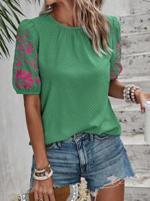 EMERY ROSE Women Embroidered Print Round Neck Shirt,Short Sleeve Tops - Dark Green - View 5