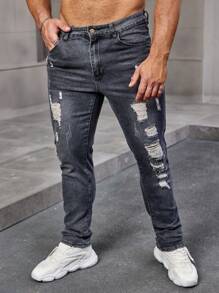 Manfinity LEGND 男士破洞休閒牛仔褲 - 灰色 - 查看 4