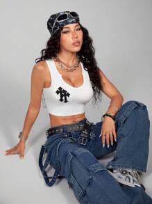 SHEIN EZwear Top sin mangas estilo callejero con bordado de remiendos y cuello recortado para uso casual en verano