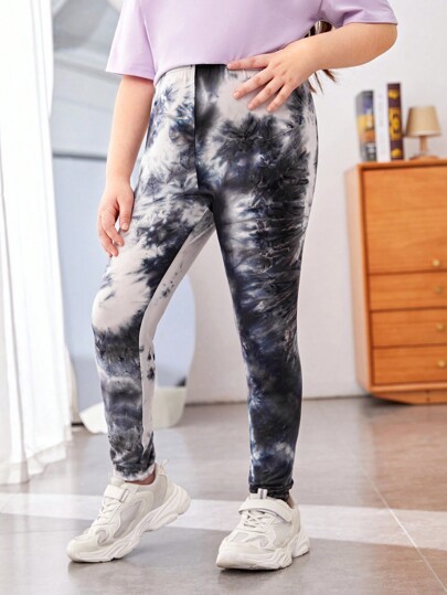 SHEIN Tween Girl Extended Size Contouring Mid-Rise Tie Dye Pattern Long Leggings For Casual Wear