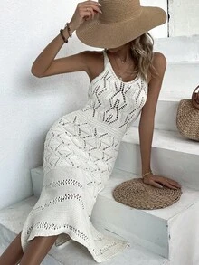 Sleeveless Hollow Out Cover Up Dress Summer - Apricot - View 4