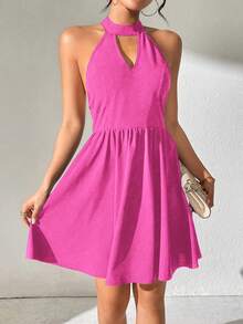 SHEIN Privé Women's Eiffel Tower Patchwork Lace Backless Halter Neck Dress - Hot Pink - View 4