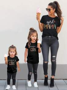 SHEIN Áo thun ngắn tay cổ tròn họa tiết da báo và chữ cái hình trái tim dành cho bé gái tuổi teen, thích hợp mặc trong Ngày của Mẹ, kiểu dáng mẹ và con, bán riêng 3 chiếc. - màu đen - Xem 1