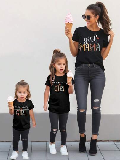 SHEIN Tween Girl Mother Day Casual Leopard Letter Heart Pattern Round Neck Short Sleeve T-Shirt, Mommy And Me Matching,3 Pieces Are Sold Separately
