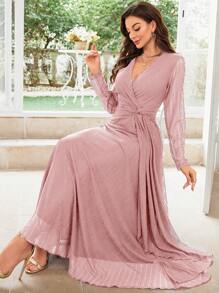 SHEIN Belle Đầm cocktail cổ chữ V thanh lịch màu trơn dành cho nữ - Hồng - Xem 5