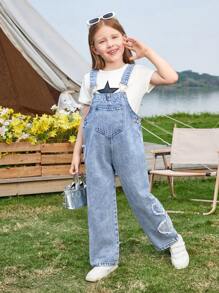 SHEIN Overoles y monos de mezclilla para niñas jóvenes, lavados, casuales y de moda con bordado de parche en forma de corazón - Azul lavado medio - Ver 1