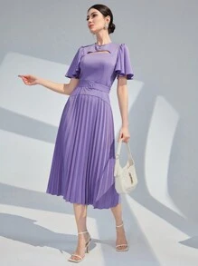 Modelyn 女士實色中空蝴蝶袖荷葉邊A字裙 - 紫色 - 查看 4