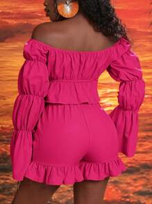 Slaydiva Top de manga larga con hombros descubiertos de estilo boho en color naranja con detalles de volantes y Shorts de cintura elástica con volantes - Rosa Fucsia - Ver 2