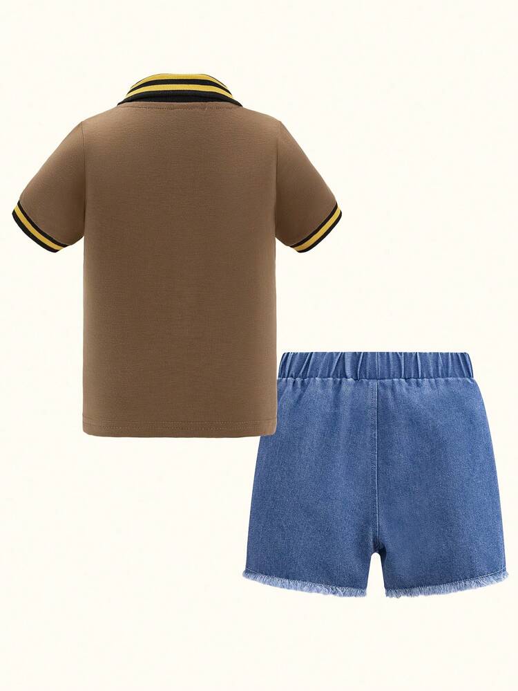 2-Piece Spring/Summer Fashionable Embroidered Polo Shirt Washed Denim Shorts Baby Boys Outfit