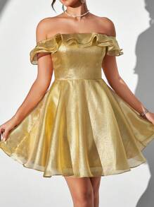 SHEIN Belle Elegant, Cute, Gorgeous And Charming, Fashionable Women's Clothing, Luxurious Gold Silk Bright Weaving, Simple One-Shoulder Double-Layer Ruffle Collar With Pockets, High Waist, A-Line Umbrella Hem, Wedding Guest Bachelorette Party, Vacation Travel, Graduation Season, Homecoming, Music Festival, Dance, Afternoon Tea, Date Party, Cocktail Party Dress Prom Semi Formal Dress, For Birthday