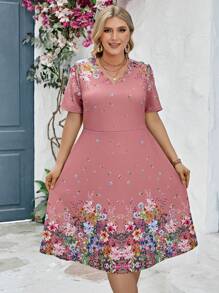 SHEIN Clasi Damen elegantes Kleid in Große Größen mit farbigem Muster, für den Sommer - Altrosa - Übersicht 1