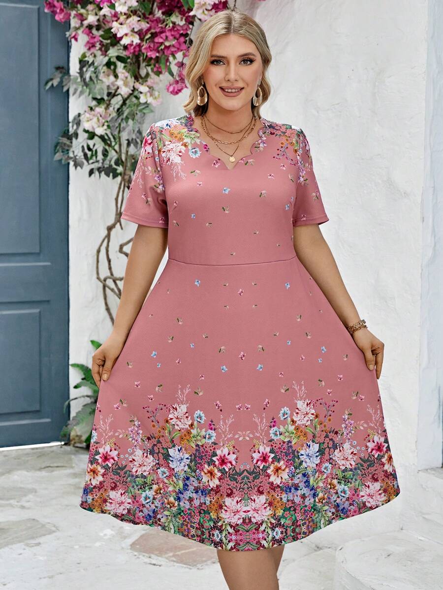 SHEIN Clasi Damen elegantes Kleid in Große Größen mit farbigem Muster, für den Sommer - Altrosa - Übersicht 1